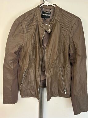 Express Brown Faux Leather Moto Jacket with Quilted Shoulders
